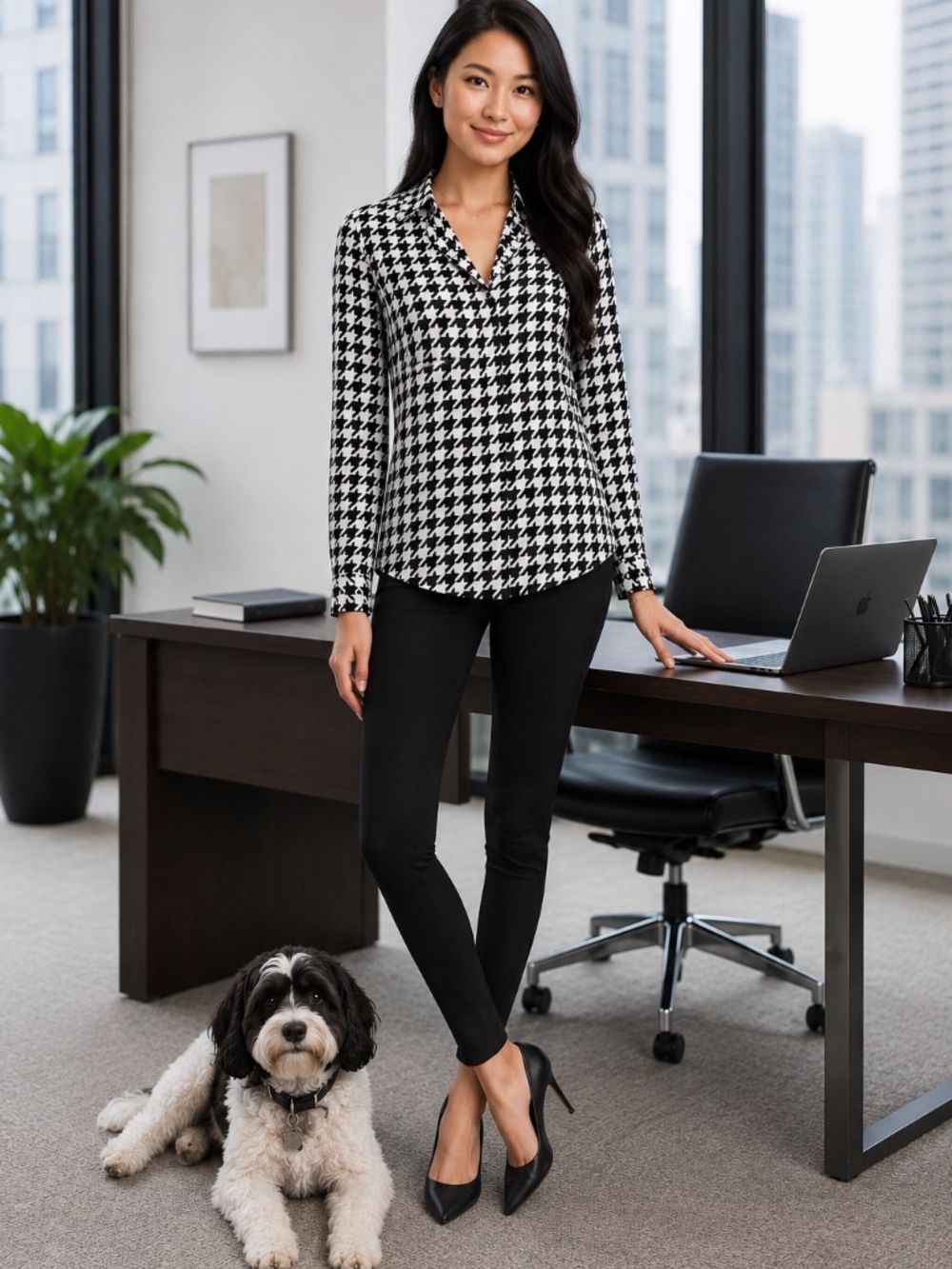 Charter Club Size Medium Black White Houndstooth Button Front Blouse